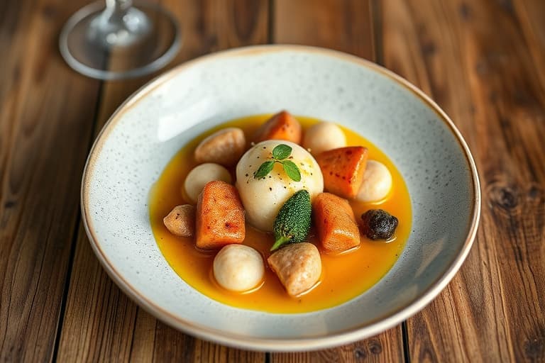 Brased oksehalekrepsjett med flytende Yukon Gold-puré og trøffeljus