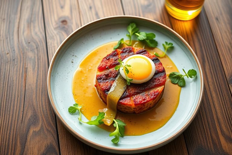 Bifffilet med rød og svart pepper, servert med honning-sennepssaus, pepperrot, myntesaus og frisée-salat med varm vinaigrette og posjert egg