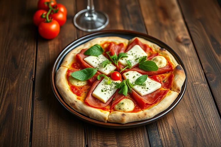 Grillede pizzettas med Parmigiano, prosciutto og ruccola, samt med Taleggio og Puttanesca