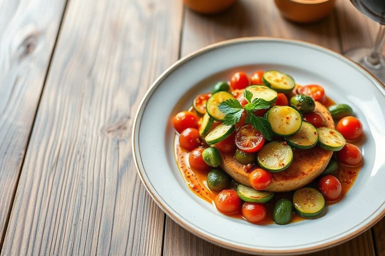 Kikert- og paprika- og rosmarinsmørspredning med flate brød, drueplommetomater og skiver av zucchini