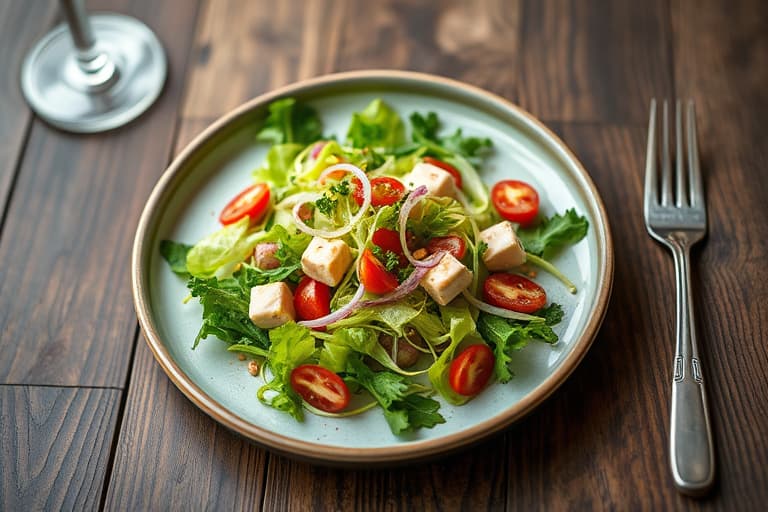 Hvitløk- og svinekjøttsalat med frisée, servert med eplekrutonger
