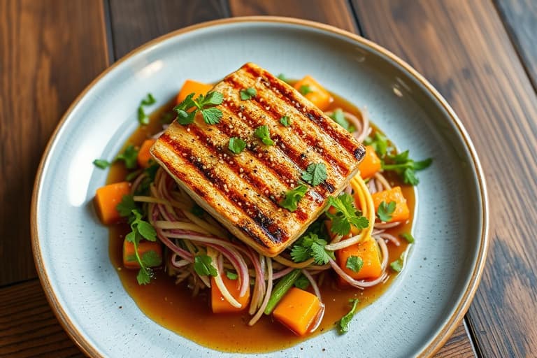 "Ono-lishious": Grillet sesamkylling satay med papayasalat og hoisin-balsamico vinaigrette