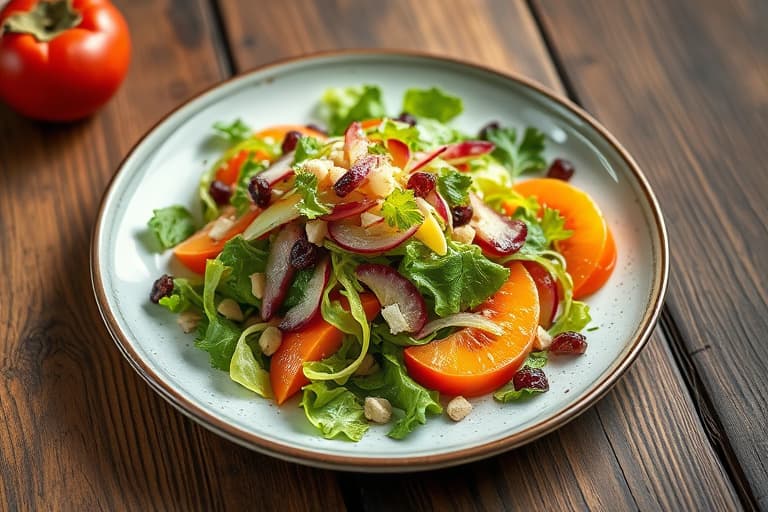 Salat med frisée, radicchio, pærer, granateple og persimmoner