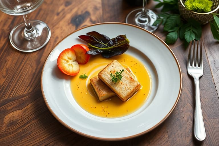 Steinbittfileter servert med en fiken- og maiskrem, en lakrisaromaert skalldyrsbuljong, og fylt artisjokk