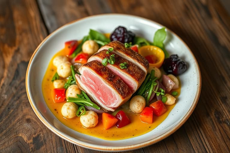 Hotrøkt laks med salat av epler, tørkede kirsebær, hasselnøtter og grønnsaker, servert med eplecidervinaigrette