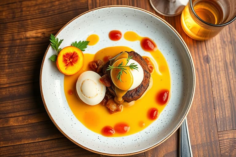 Rostet hjortekjøtt med poached kviteller i en vanilje- og appelsinbuljong, søt og sur kål, og granateplesaus