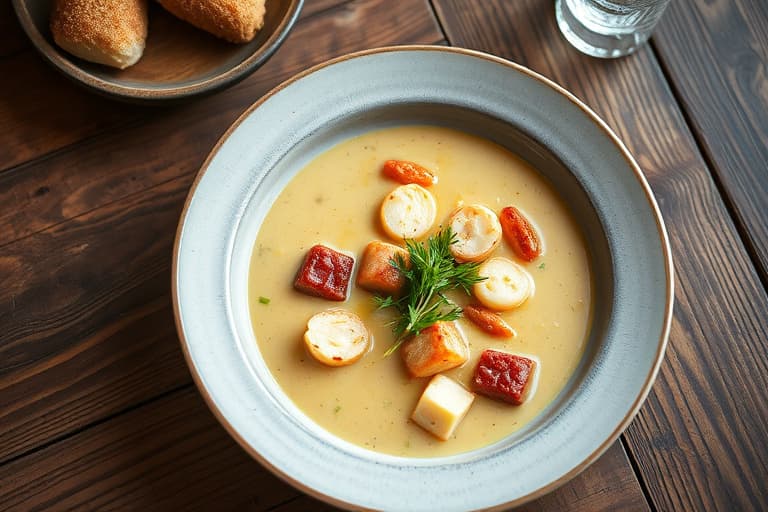 Chowder av kamskjell, sellerirot og potet med karamellisert pære og ovnsbakte, knuste kastanjer