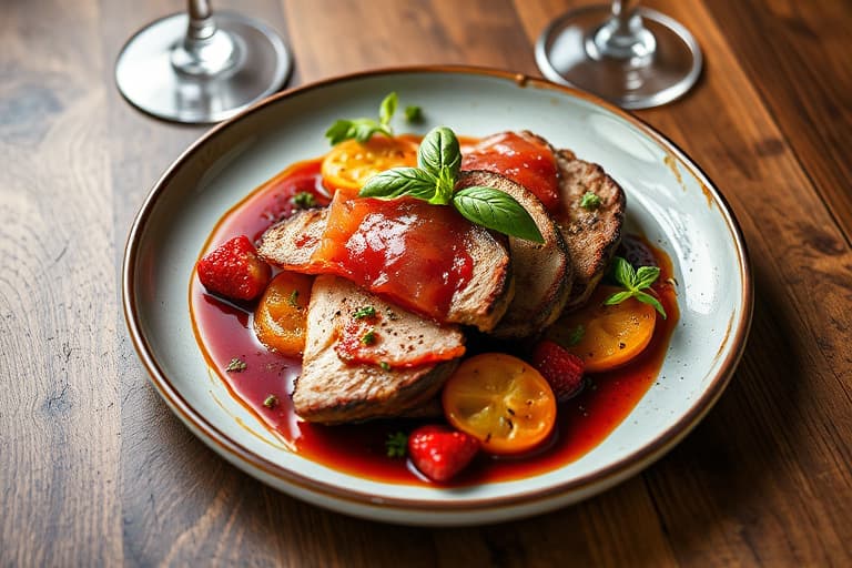 Rødvinsmarinert flankestek fylt med prosciutto, fontina og basilikum, servert med cabernet- og sjalottløkreduksjon