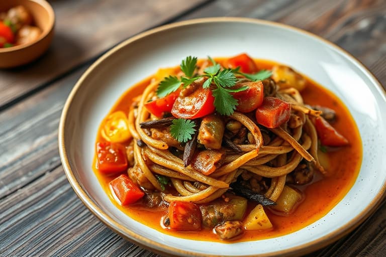 Ropa Vieja Joses (kubanerevet storfekjøtt), skivede tomater, plantainchips og mojo-saus