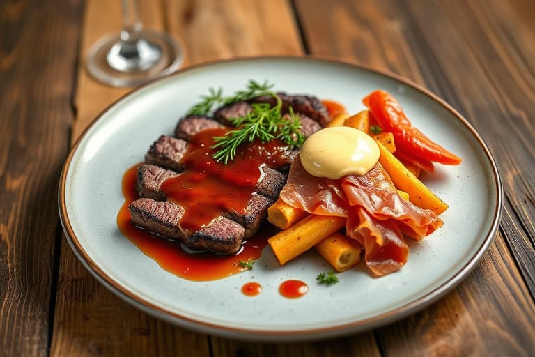 New York Strip-steak med tri-bær-relish, sprø løkstrimler og bakt makaroni og ost med prosciutto og trøffelolje