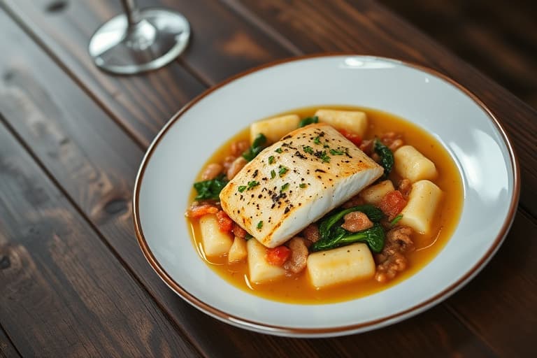 Panert og brakt halibut stekt i panne, servert med puttanesca-saus, gnocchi og escarole