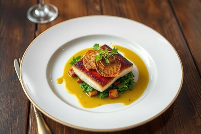 Ancho-dustet steinbiter med pannebrent monkfish, servert med grønn karri-ristet maisaus og ovnsbakt maisrelish