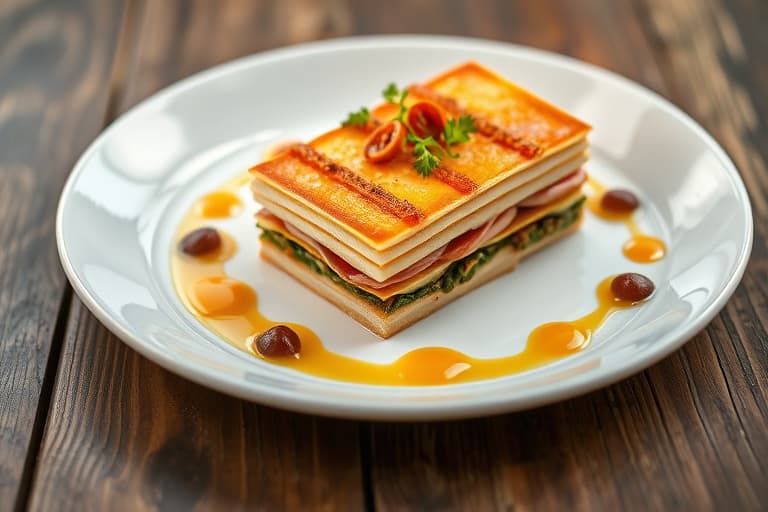 Mille-Feuille av foie gras og pain d'épice med krydret rødvin og poached pære