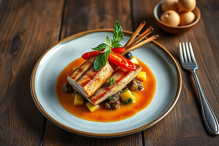 Dypfrityrstekt hummer med surf 'n' turf, servert med liten maiskake og ovnsbakt rød peppersirup