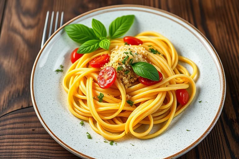 Håndlagde 'Corzetti Ligure', kapers, pinjekjerner, ansjoser og merian: Corzetti Ligure med kapers, ansjoser, pinjekjerner og merian