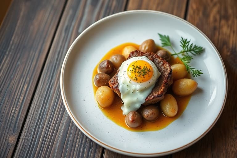 Husets røkte laks lagvis med poteter, gressløk, egg og en grønn eplefrodé