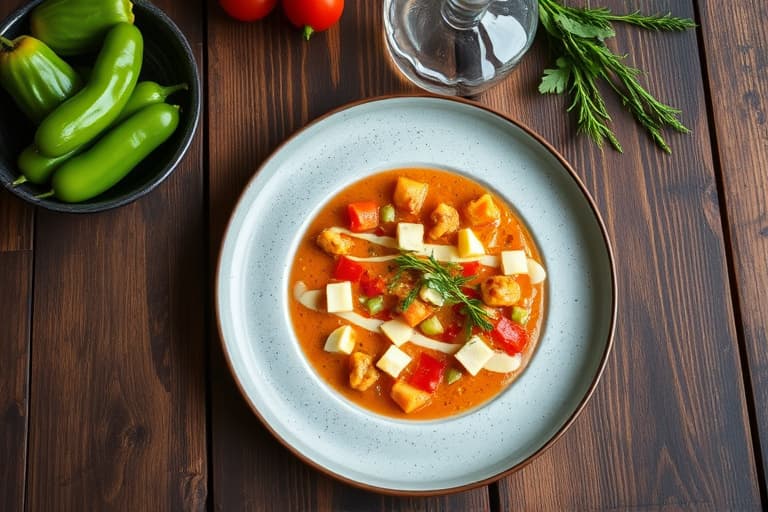 Gazpacho-Granita med hakket gazpachosalat, avokado og flamegrillet reker i jalapeño-korianderolje