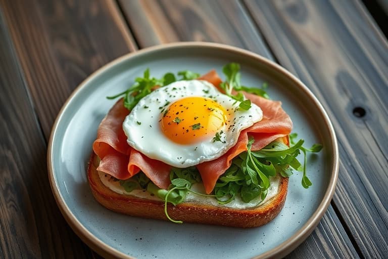 Frittgående egg, prosciutto, frisée og blåmuggost på ciabatta