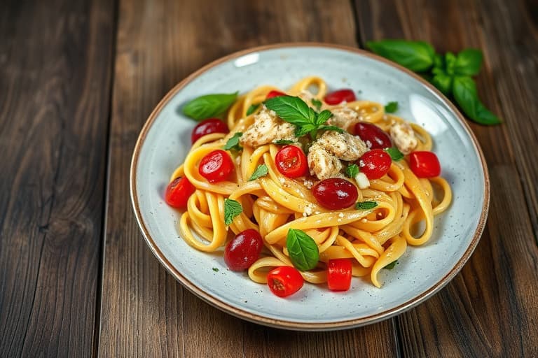Pasta salat med ovnsbakte røde paprika og basilikum, servert med hvit balsamico dressing
