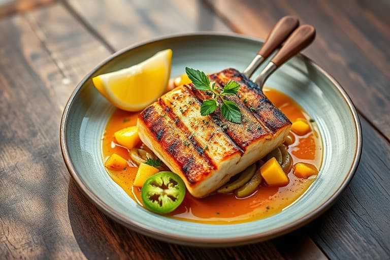 Florida Keys hummer og gulhale snapper-grill med fersk mojo, mangosalsa og hvitløkssmørret boniato