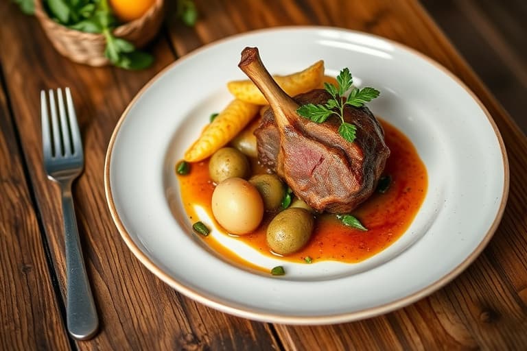 Chianti-brassert Osso Buco med ovnsbakt fennikel og fingerling-poteter, servert med sitron- og persillepesto