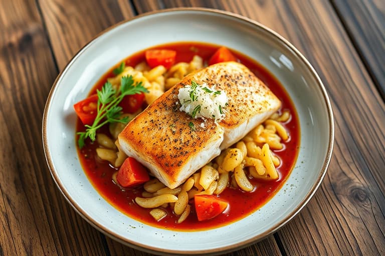 Fennikelseiert sverdfisk med røkt tomat-smør, Yukon-kartoffelhash og bottarga-sitron salat