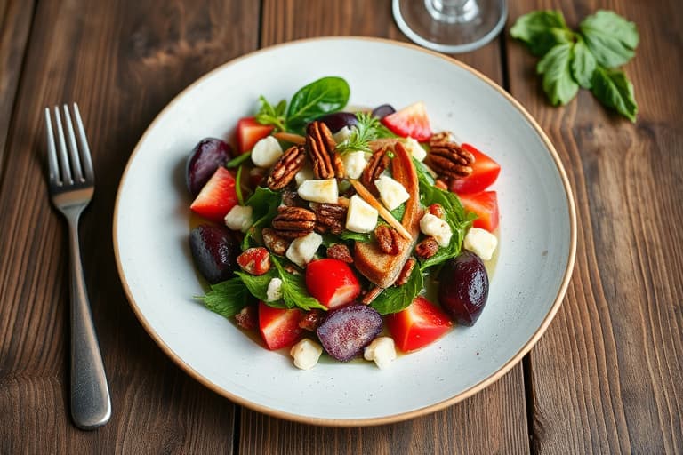 En deilig vinter salat med rødbeter, fennikel og epler, servert med stiltonost og lønnesirup-glassert pecannøtter