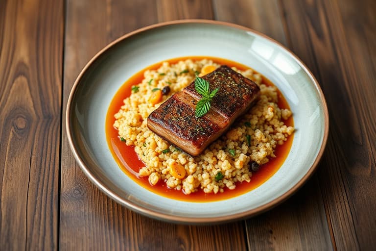 Røstet laks i bananblader med ancho-chili-ingefærsaus og safran-røstet grønnsakscouscous