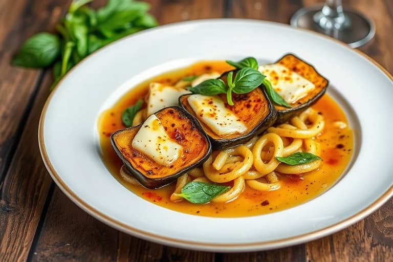 Grillet auberginesalat med Manchego-ost, fersk basilikum og balsamico- og sort pepper-glaze