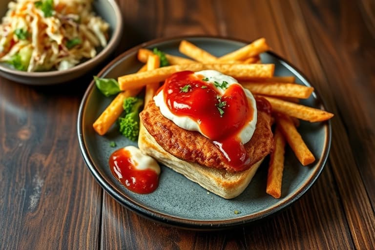 Grillet fiskesandwich med hvitløks-tartarsaus og ovnsbakte vaffelfrites med krydret Bloody ketchup og en coleslaw-salat