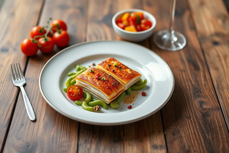 Grillet kyllingpaillard med sitron og svart pepper, servert med ruccolasalat og tomat