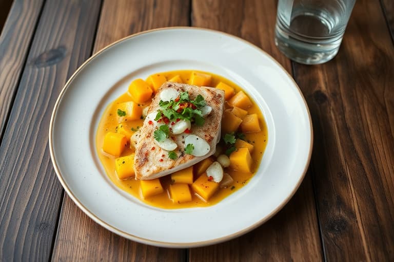 Ceviche av storøyet tunfisk med peppergress og ovnsbakt calabaza-salat i en tunfiskkaviarvinaigrette