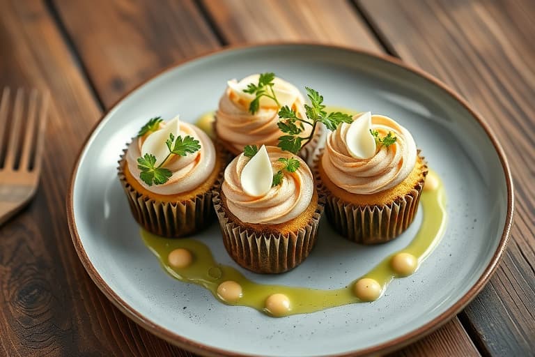 Hvetegryn og ingefær, wasabi-krem og tunfisk- og crème fraîche-cupcakes