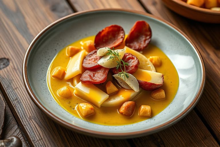 Brokkoli-, vill sopp- og andeprosciuttogryte dekket med en skarp cheddar- og kremsaus