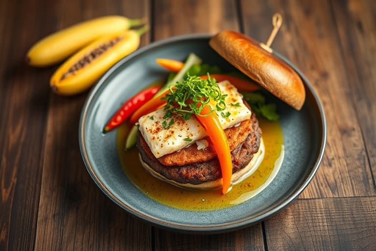 Tunfiskburgere med ananas-sennepsglasur og grønne chili- og sylteagurkrelish, samt ancho-gaufrettes