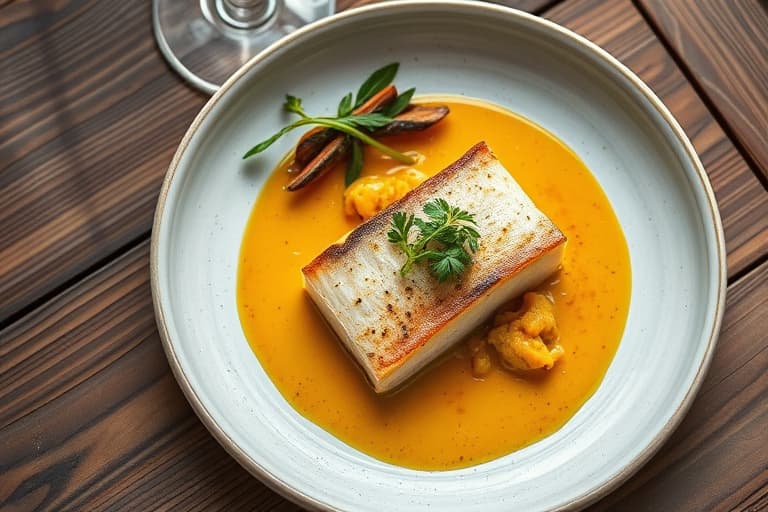 Poached Wild Striped Bass, blomkålpuré Caldin, curry
