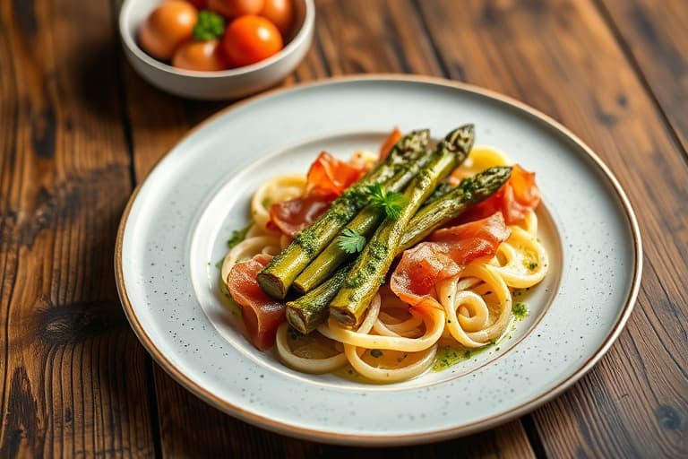 Sitron- og hvitløkskylling med urter, grillede asparges innpakket i prosciutto og pesto, samt en tre-beansalat