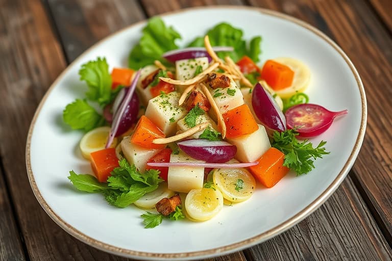 Salat med seksten krydret spurv, lagret geitost, hvit cikorie og vill sopp "vinaigrette"