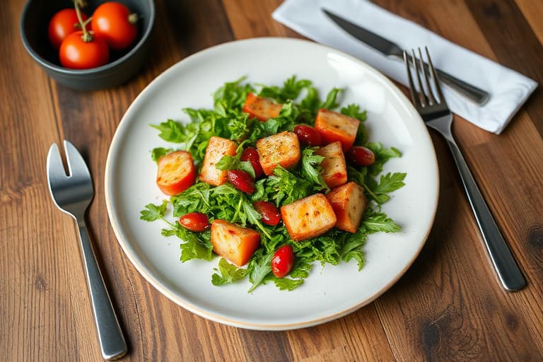 Arugulasalat med ristet valnøtt og ovnsbakt pære, servert med rødvins- og sjalottvinaigrette