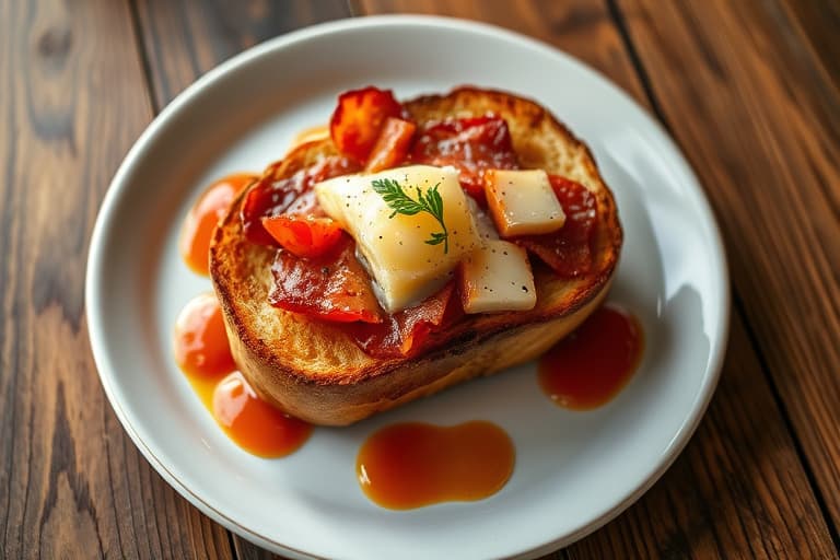 French Toast fylt med bacon, løk- og tomatmarmelade med Gruyère, og et speilegg