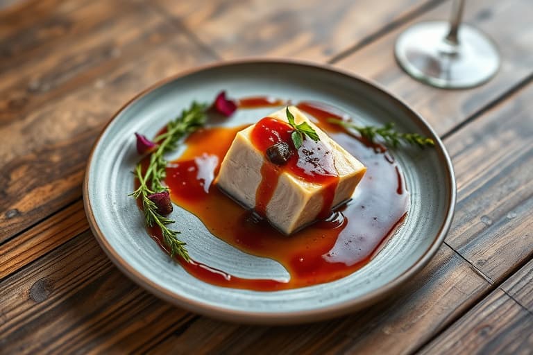 Pannestekt foie gras fra Quebec med varm og syrlig ferskenmarmelade, Cabernet Ice Wine-reduksjon