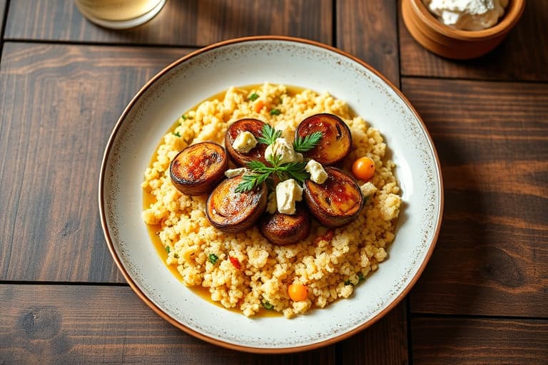 Lammekoteletter med lønnesirup- og balsamico-glasur, servert med mynte, ristet mandel og fetaostcouscous