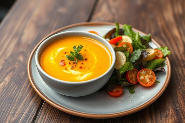 Fransk løksuppe, franskbrød-pizzaer med topping, og salat med dijonsennepsvinaigrette