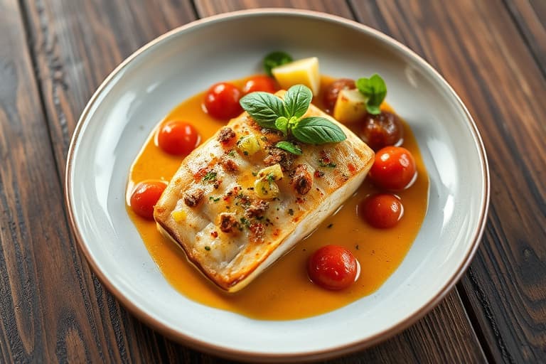 Onaga-filet, stekt med skinnet på, sprøtt på siden, confitert tomat med trøffeljuice og stekt basilikum