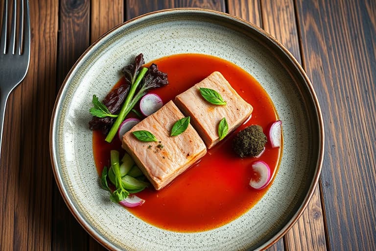 Ristet fylt svinefilet med søtpotetpuré, radicchio og en melasse-gastrique