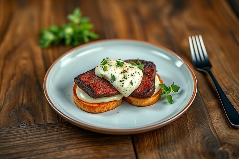 Surf and Turf Rib-Eye Crostini med Gorgonzola-mousse og karamelliserte bourbon-sjalottløk