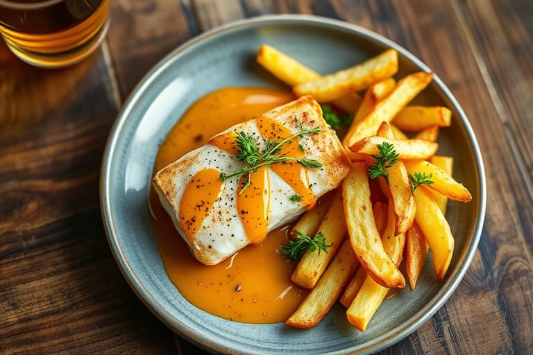 Øl, batterfisk og krydrete pommes frites med sitron-habanero tartarsaus og serranosirup