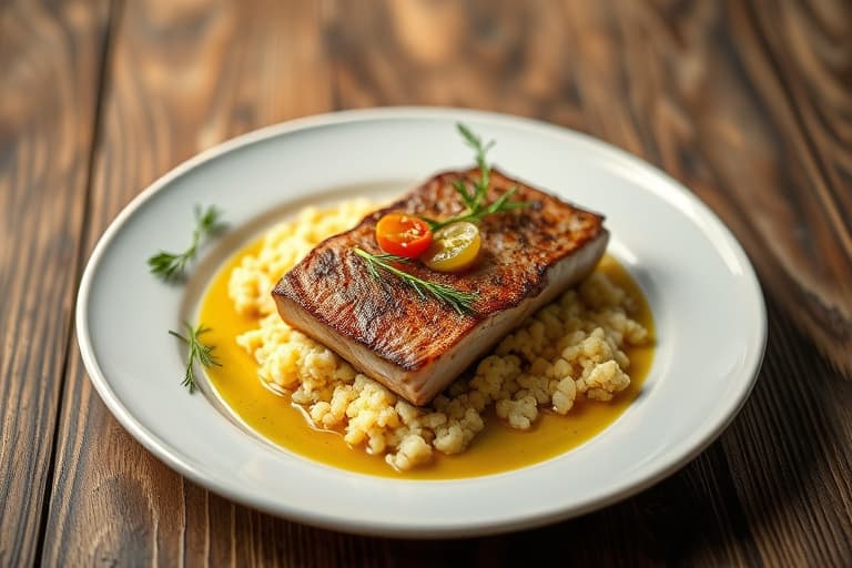 Laks kokt i olivenolje med Dijon- og eplepuré samt couscouskake
