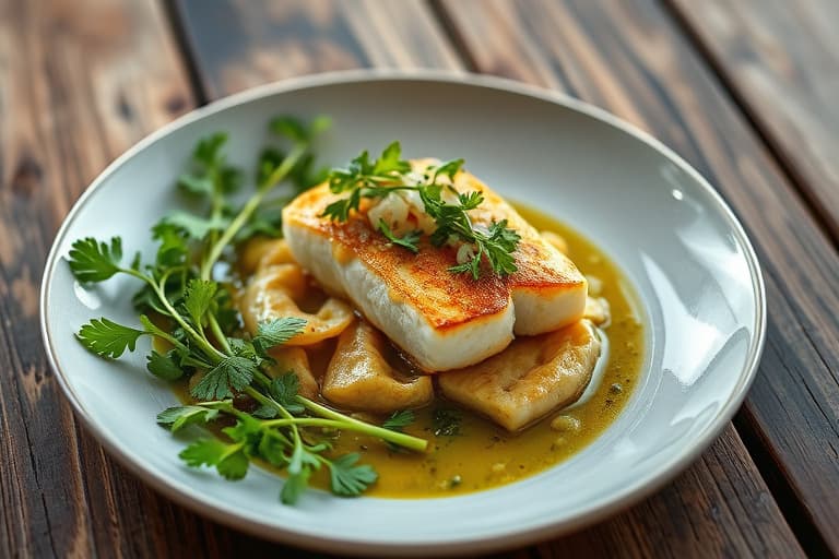 Tequila og Kaffir-lime Sierra-fisk med varm salat av nopal (kaktusfrukt) og koriander-agave-vinaigrette