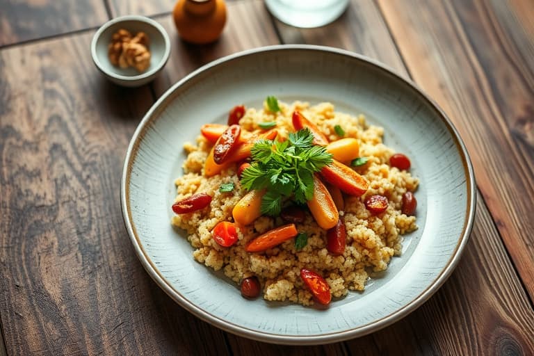Kylling med gurkemeie og spisskummen, chili, klementiner med kanel, og couscous med oliven og kikerter